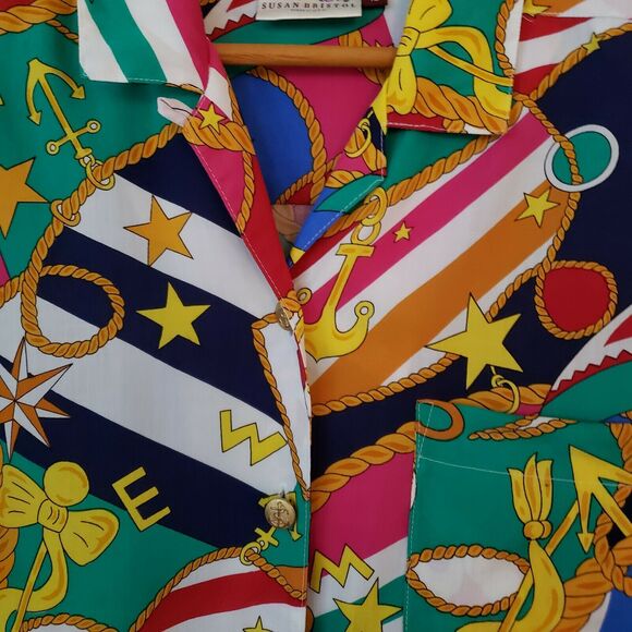 Vintage 80s Rayon Short Sleeve Buttondown Psychedelic Nautical Gold buttons 10 - Picture 2 of 10